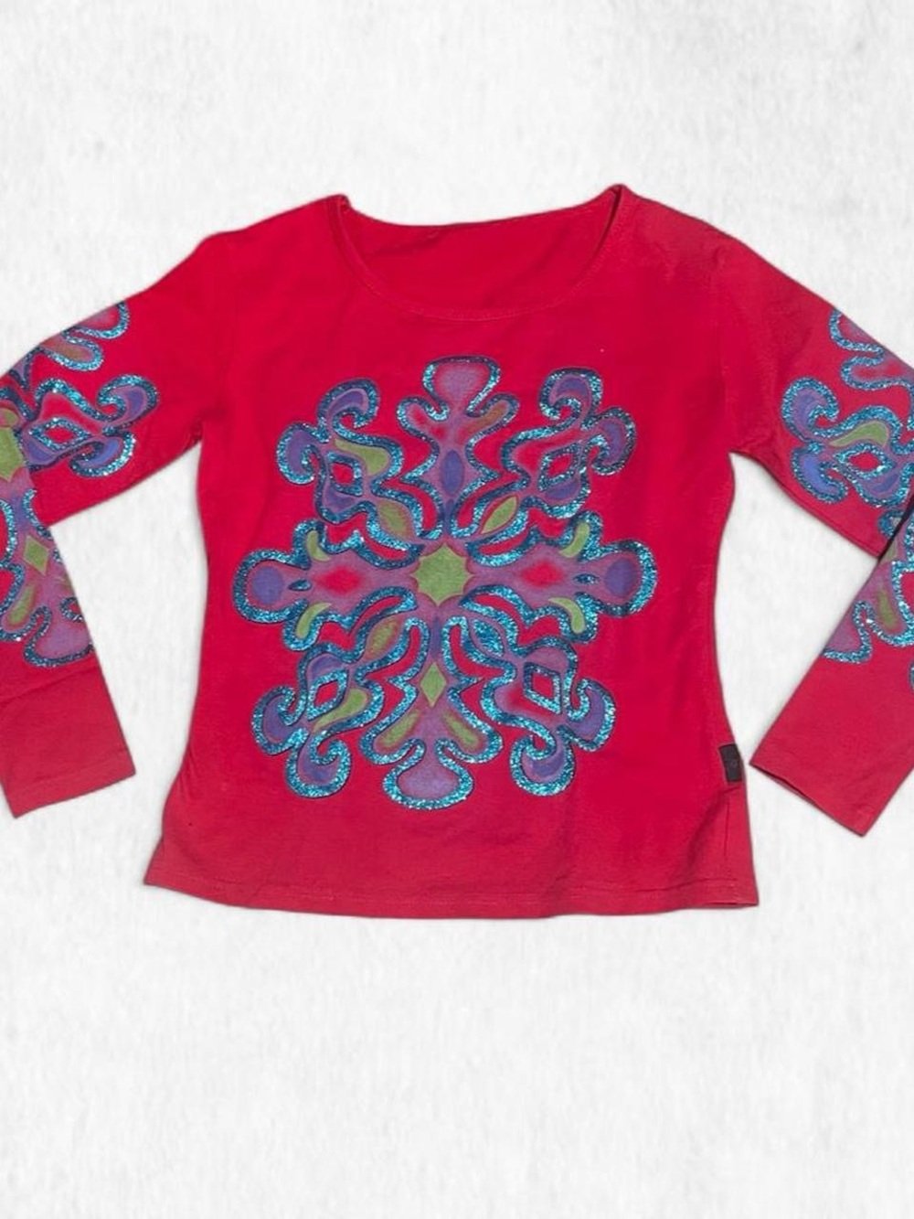 Euro Red long sleeve shirt with blue and purple glittery design
